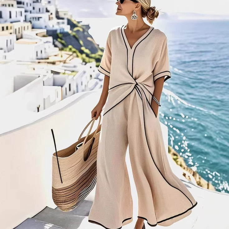 Women's Boho V-Neck Twist-Front Linen Maxi Beach Dress