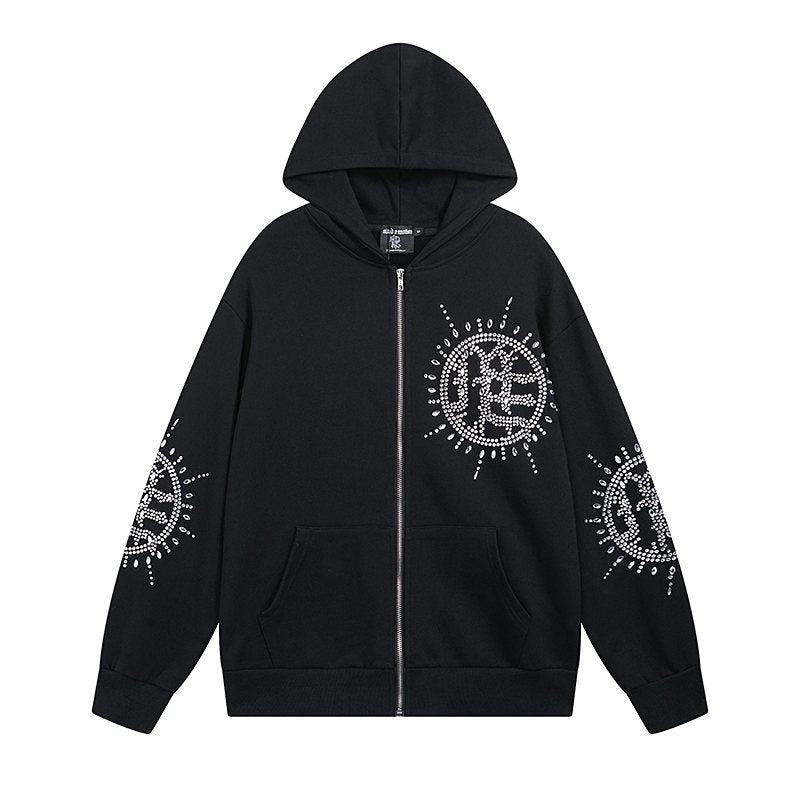 MIXED EMOTION Rhinestone Graphic Zip-Up Hoodie