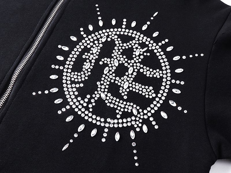 MIXED EMOTION Rhinestone Graphic Zip-Up Hoodie