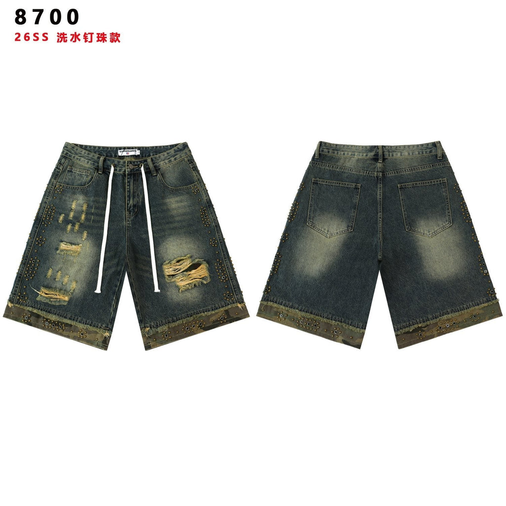 VALLEY Studded Distressed Washed Denim Shorts