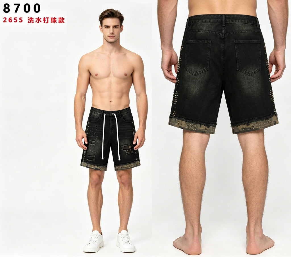 VALLEY Studded Distressed Washed Denim Shorts