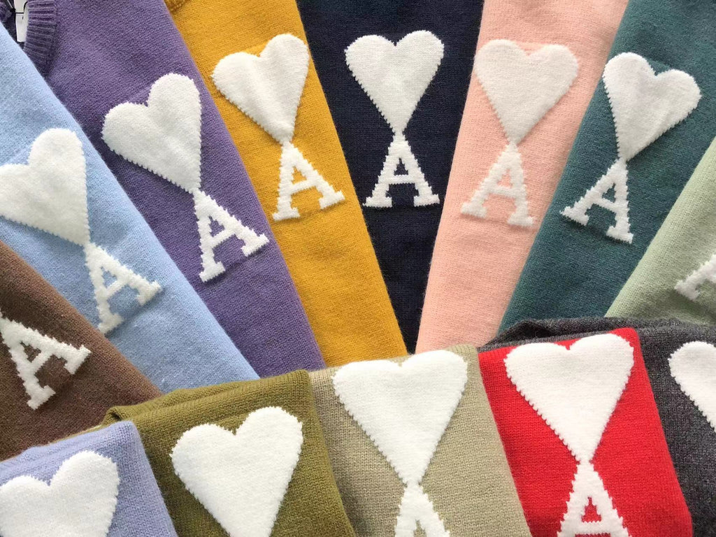 AMI Paris Maxi White Heart Knit Sweater Mint