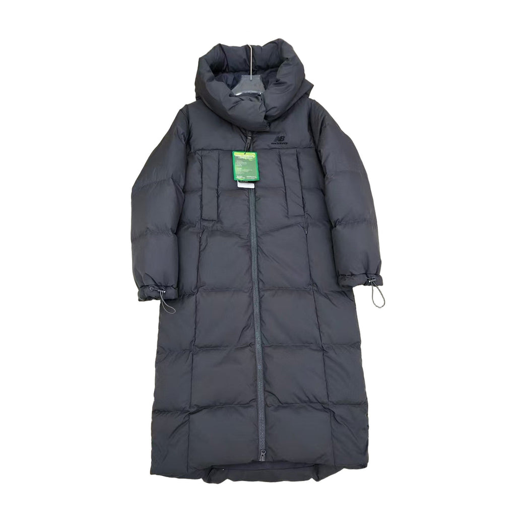 New Balance Hooded Long Puffer Coat – Black | Full-Length Athletic Winter Coat