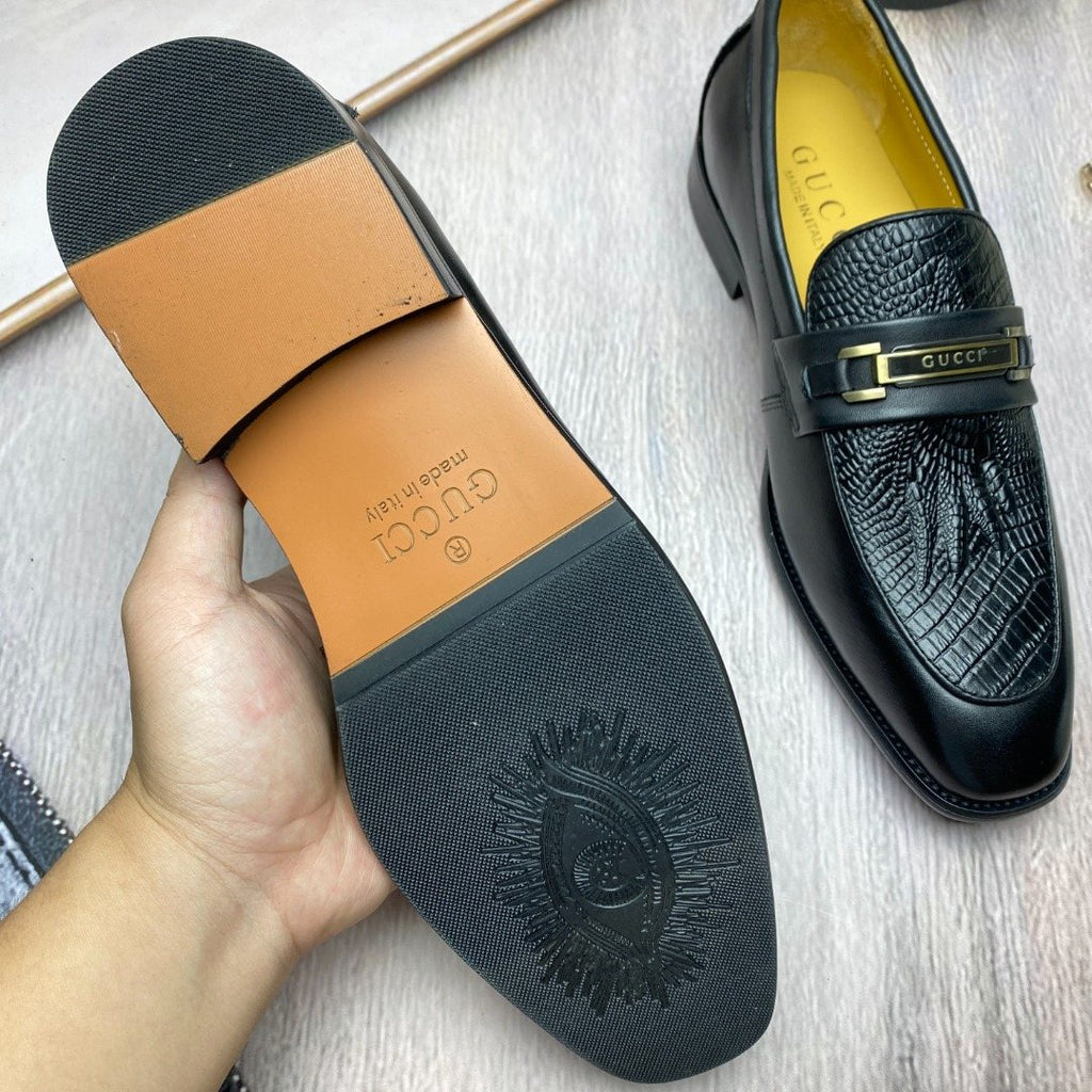 Gucci Black Textured Leather Slip-On Shoes