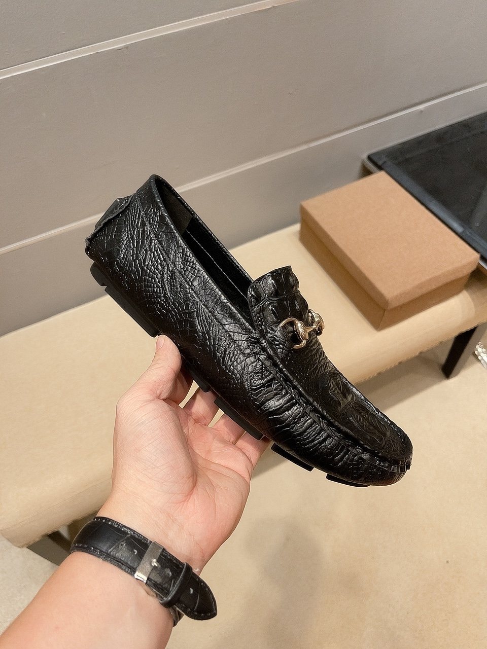 Gucci Black Textured Bit Driving Loafers