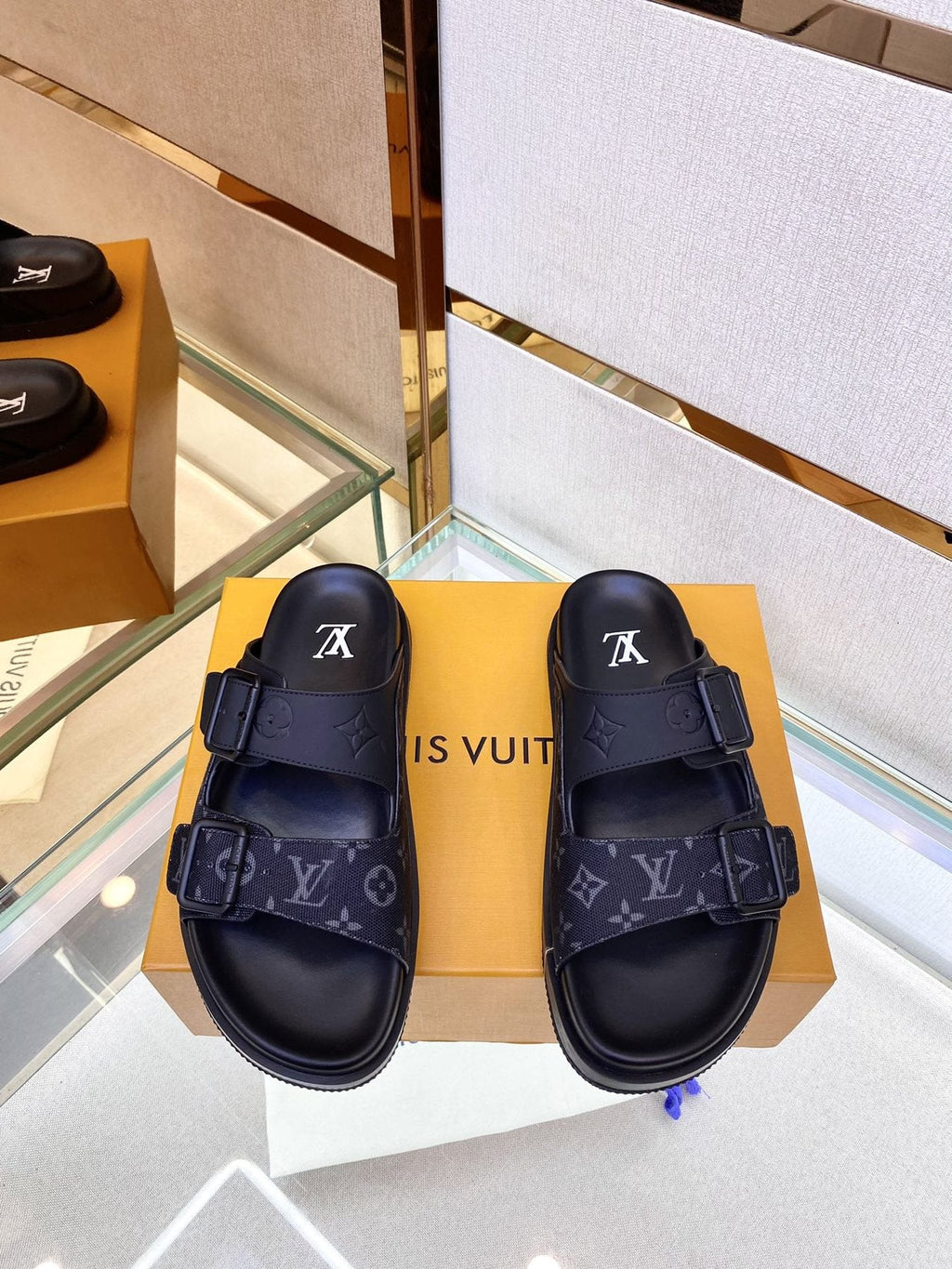 Louis Vuitton Monogram Buckle Slide Sandals - Fine-Textured Rubber Outsole