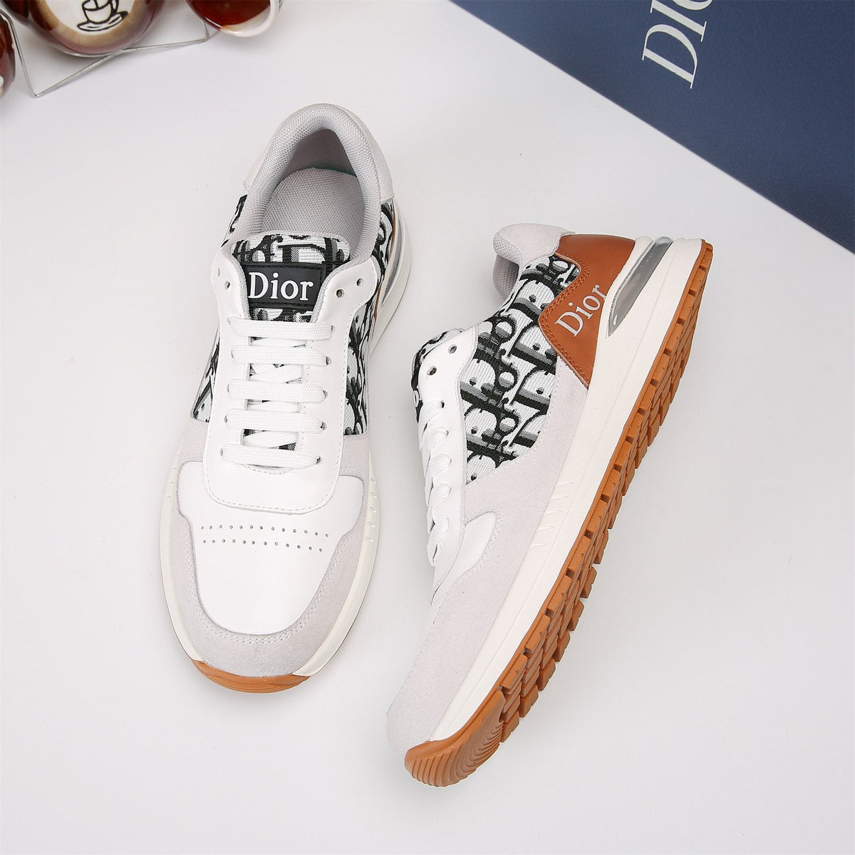 Dior White, Black & Tan Low-Top Sneakers